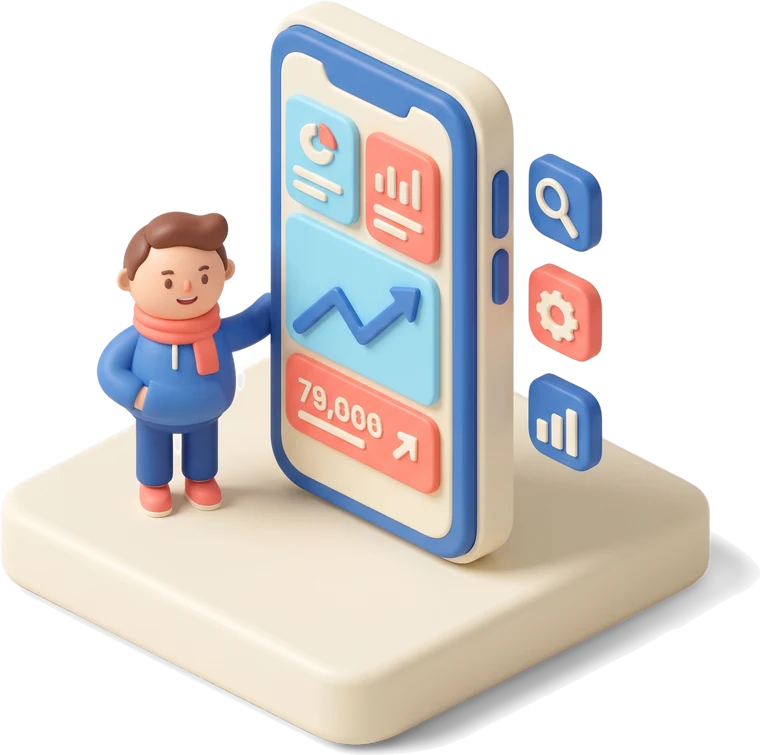 Transparent isometric scene of a character beside a giant smartphone showing a colourful analytics app