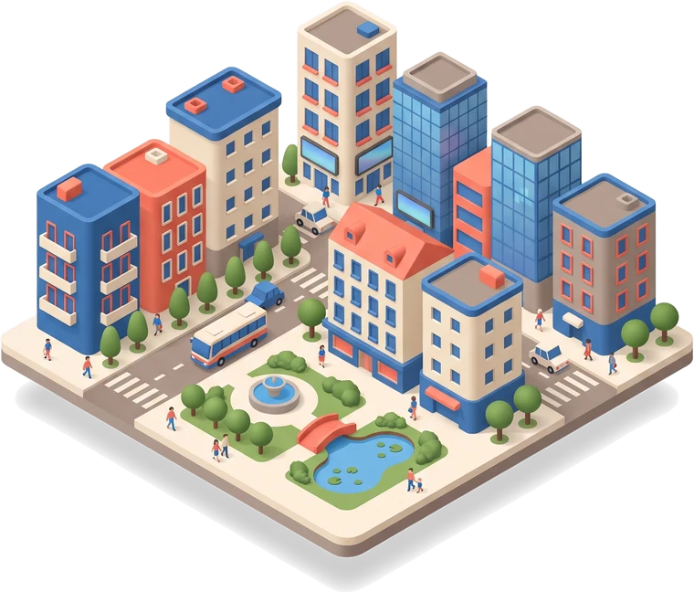 Transparent isometric city block with buildings, a park, a fountain, a bus and tiny pedestrians