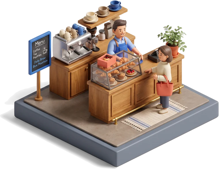Transparent isometric coffee-shop scene with a barista, espresso machine, pastry case and customers