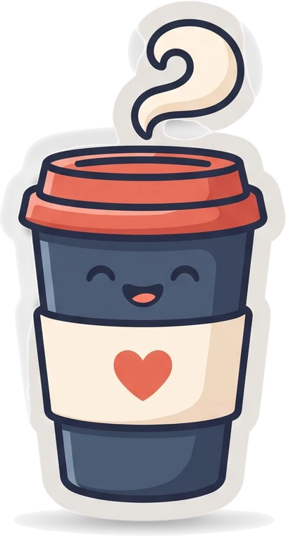 Transparent sticker-style coffee-cup illustration in slate-blue and coral