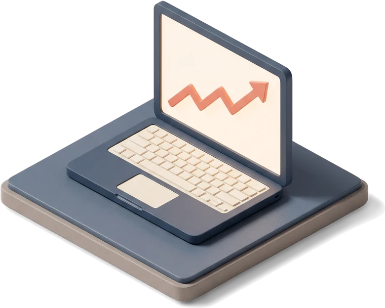Transparent isometric laptop-and-chart illustration in slate-blue and coral