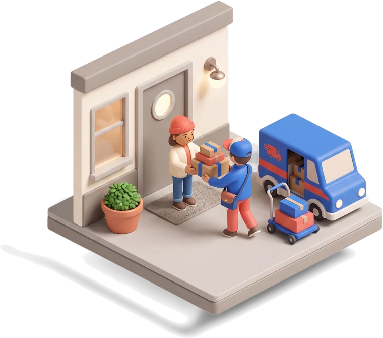 Transparent isometric doorstep-delivery scene with a courier, customer, hand-cart and a small van