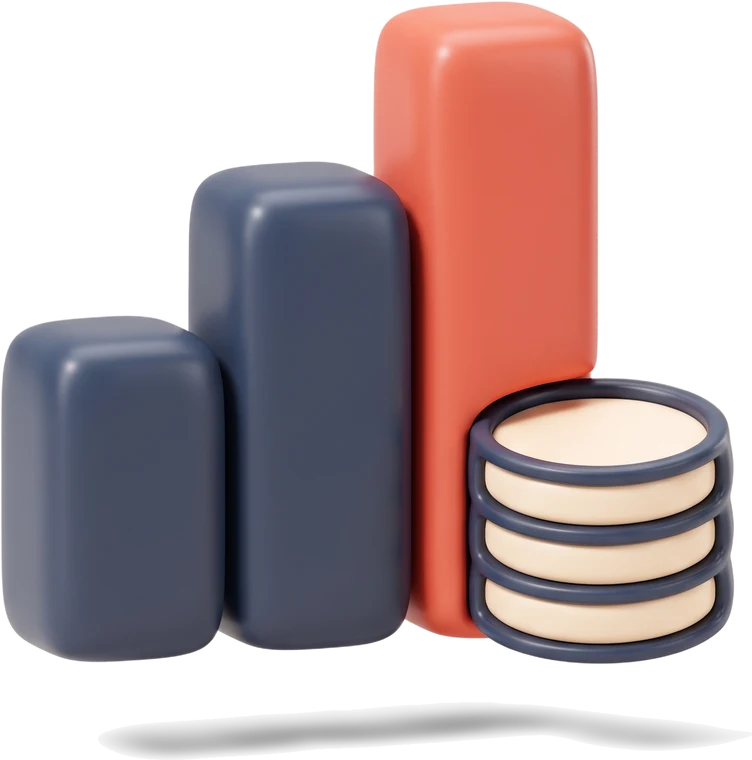 Transparent 3D-icon bar-chart-and-coins illustration in slate-blue and coral