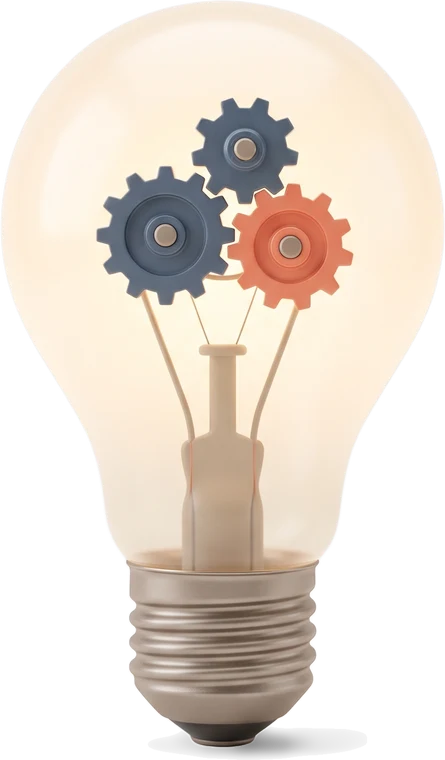 Transparent head-on lightbulb-and-gears illustration in cream and slate-blue