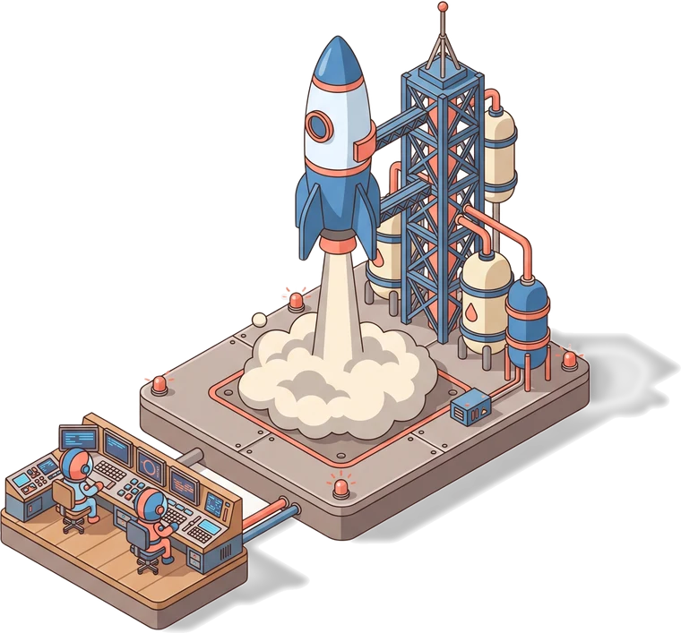 Transparent isometric rocket-launch scene with a gantry tower and a mission-control desk