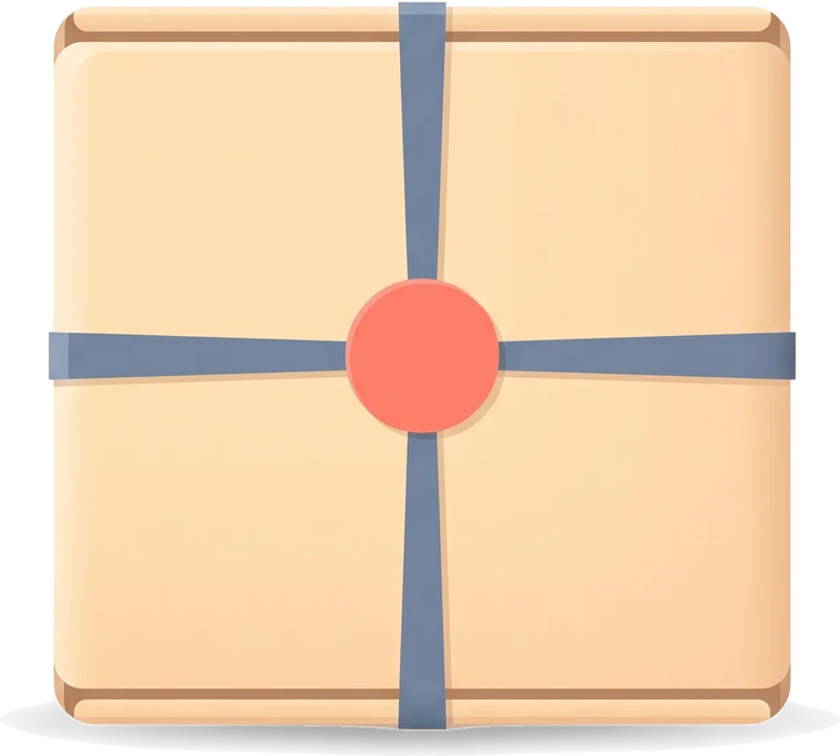 Transparent head-on parcel-box illustration in cream, slate-blue and coral