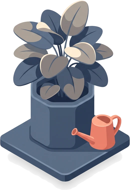 Transparent isometric potted-plant illustration in slate-blue and coral