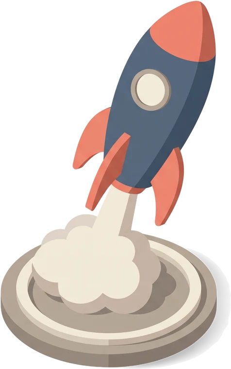 Transparent isometric rocket illustration in slate-blue and coral