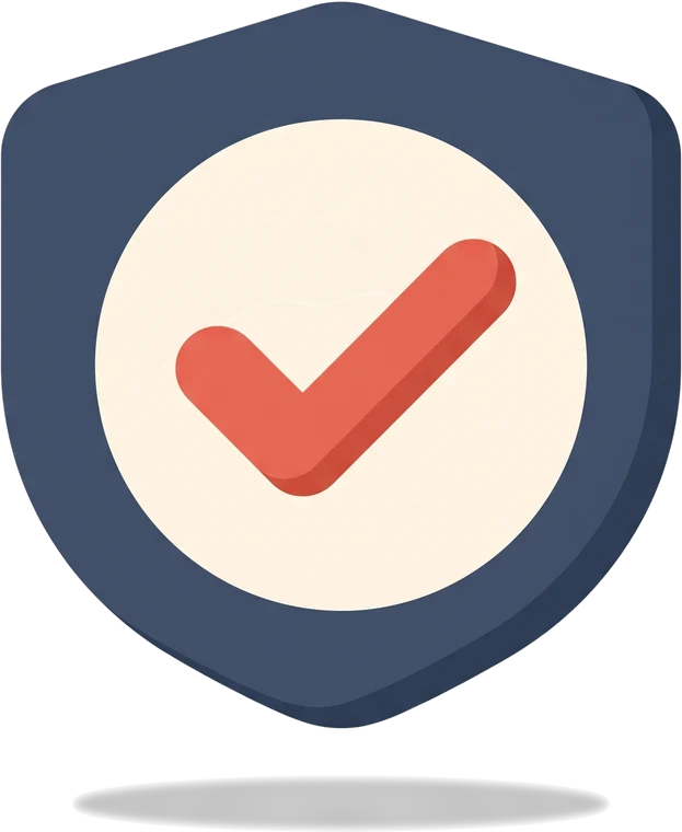 Transparent flat-spot shield-and-check illustration in slate-blue and coral