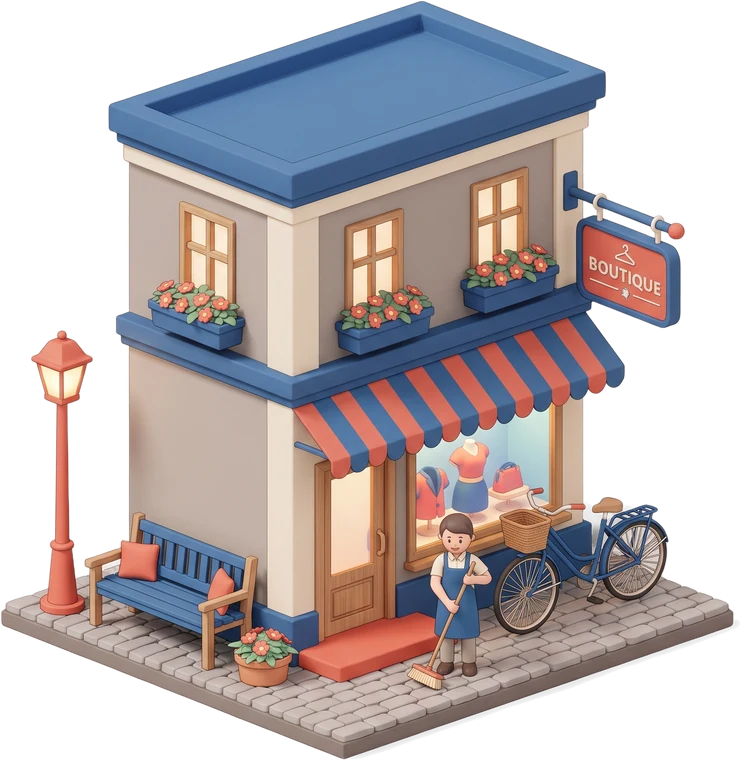 Transparent isometric boutique storefront with an awning, window display and a shopkeeper