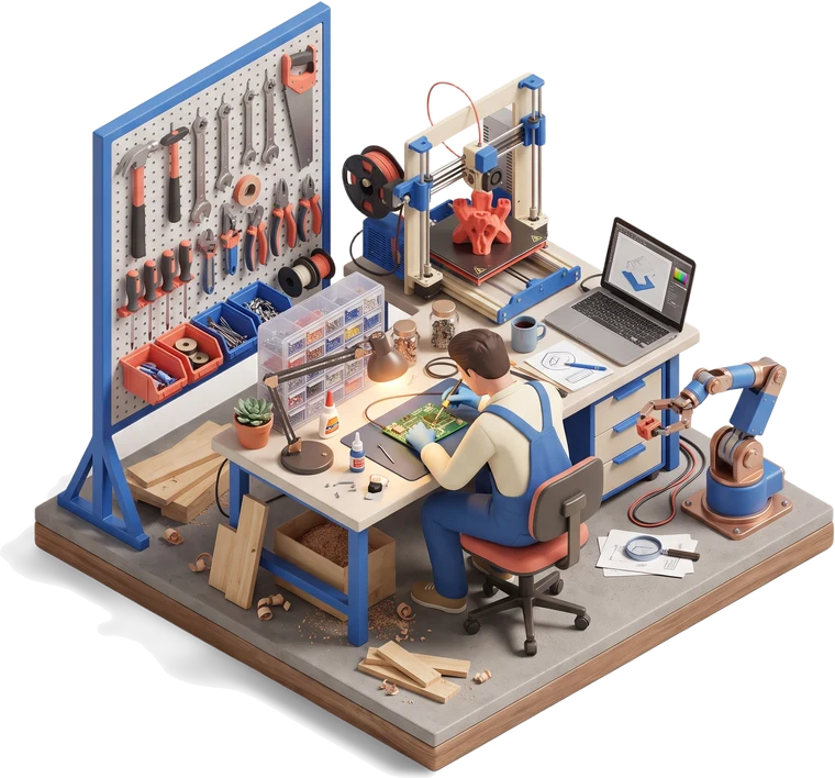 Transparent isometric maker workshop with a workbench, pegboard tools and a 3D printer