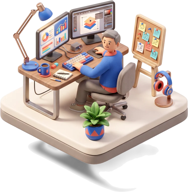 Transparent isometric scene of a designer at a dual-monitor desk with a plant, corkboard and headphones