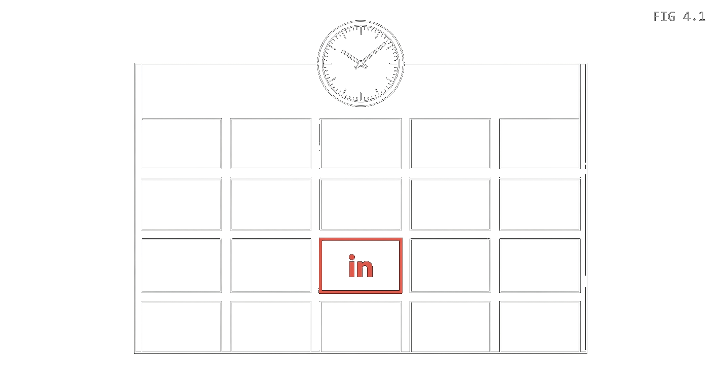 Calendar grid with clock and LinkedIn publishing cell — illustrating native content scheduling