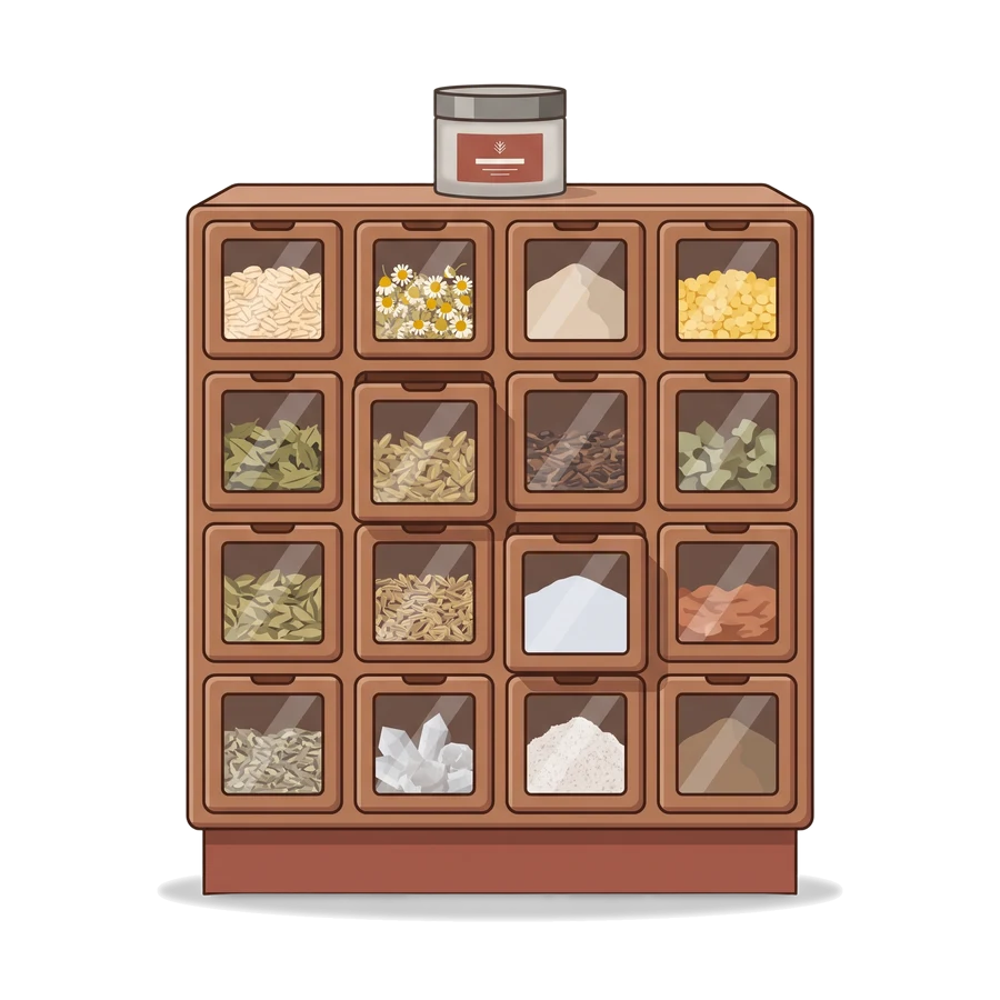 The finished piece: the cabinet of ingredient drawers, cut out, on a transparency checkerboard