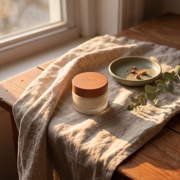 A balm jar on sunlit linen beside a ceramic dish and eucalyptus