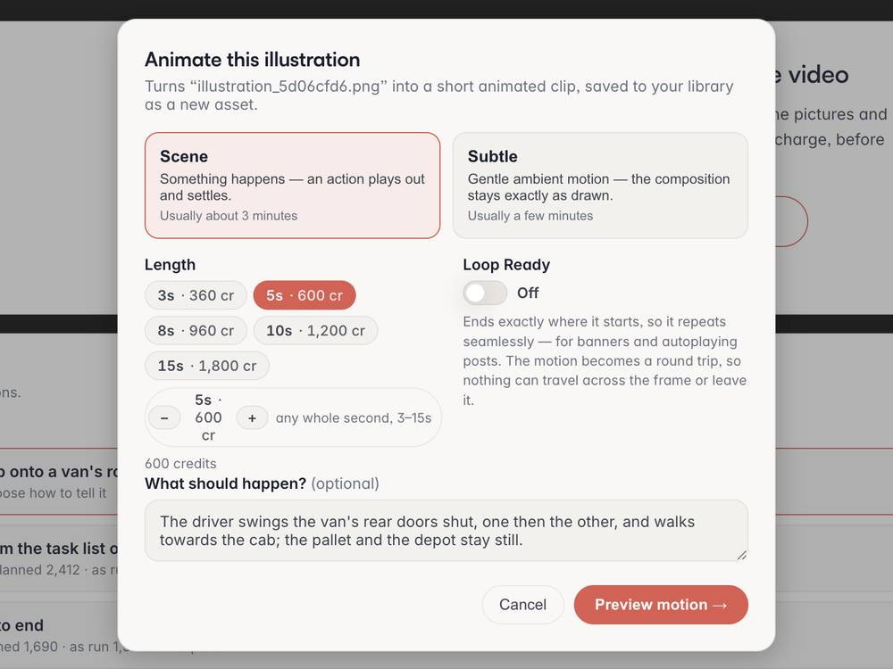 Animate this illustration: Scene or Subtle, a length priced per second, and the sentence you write for what should happen