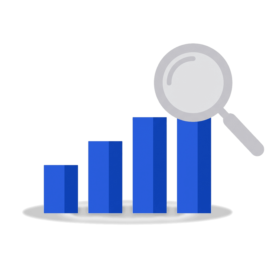 A blue bar chart with a magnifying lens, flat style