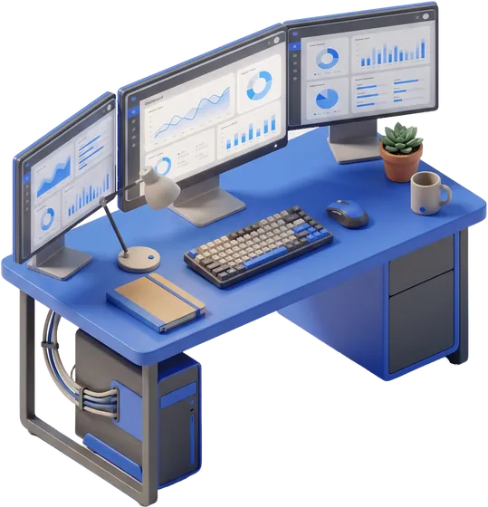 An analyst’s desk with three screens, drawn as a small realistic model