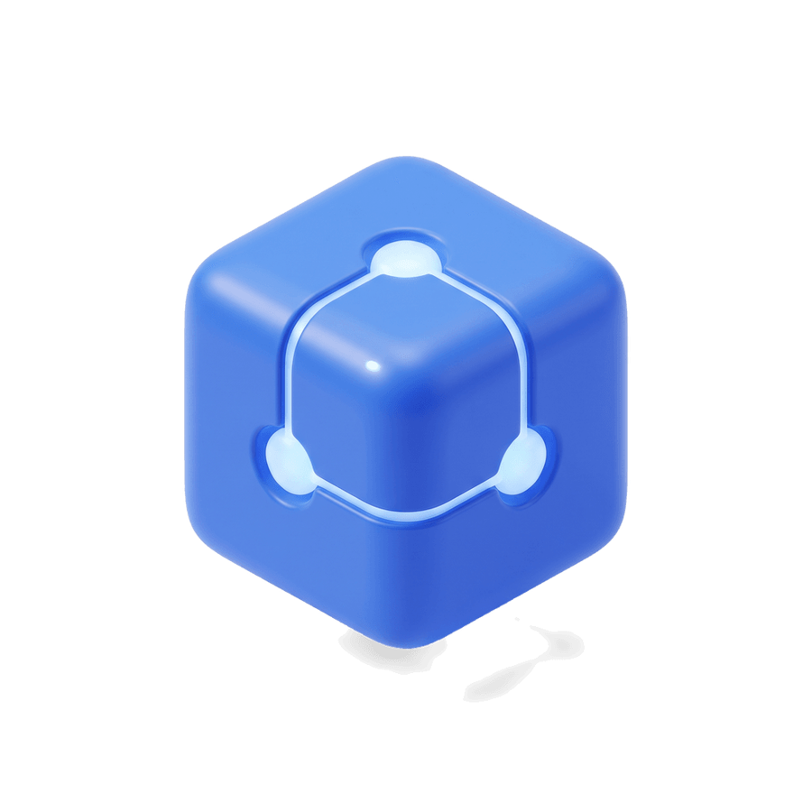 A blue cube with three glowing nodes, soft 3D