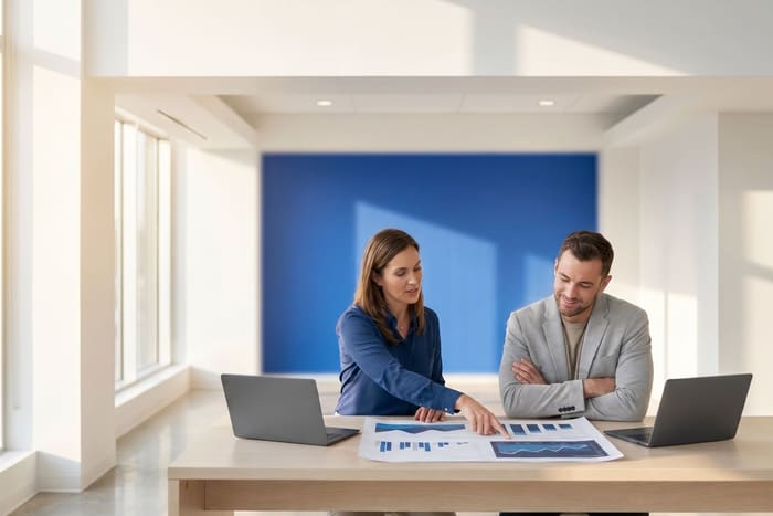Two colleagues at a table over a printed chart in a bright office