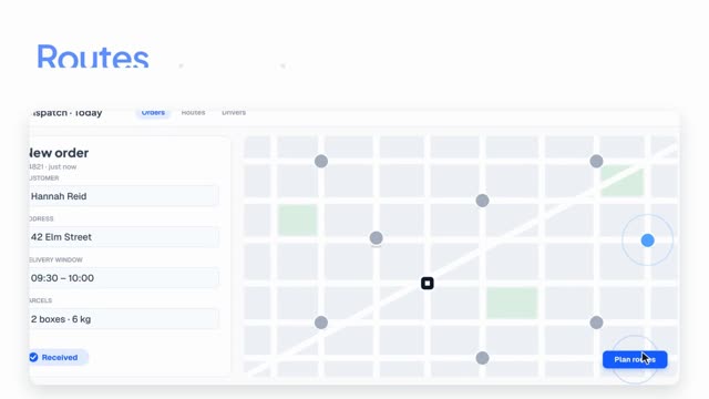 A scene drawn in code: the dispatch screen with the order form and the delivery map
