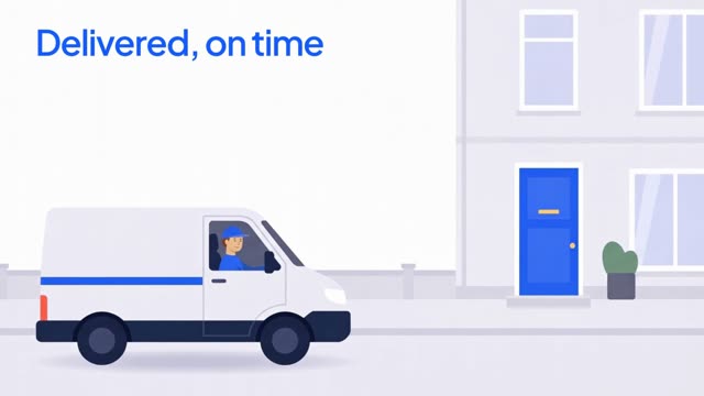 A scene made by the video model: a delivery van pulls up outside a blue front door