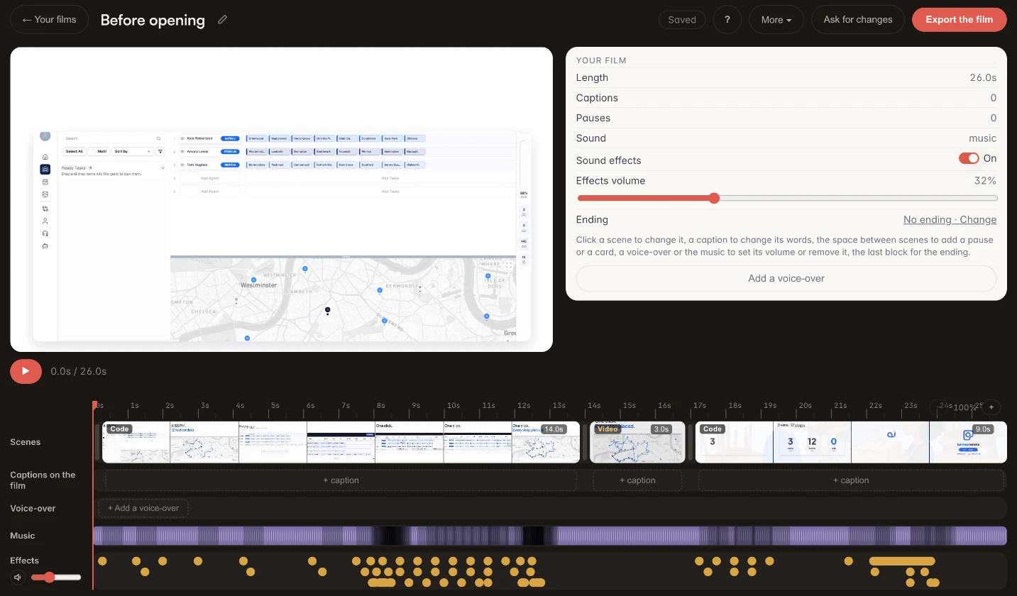 The room with a film open: the film itself, its length and sound settings, and beneath it the timeline with its scenes tagged Code and Video, a captions lane, a voice-over lane, the music and the sound effects