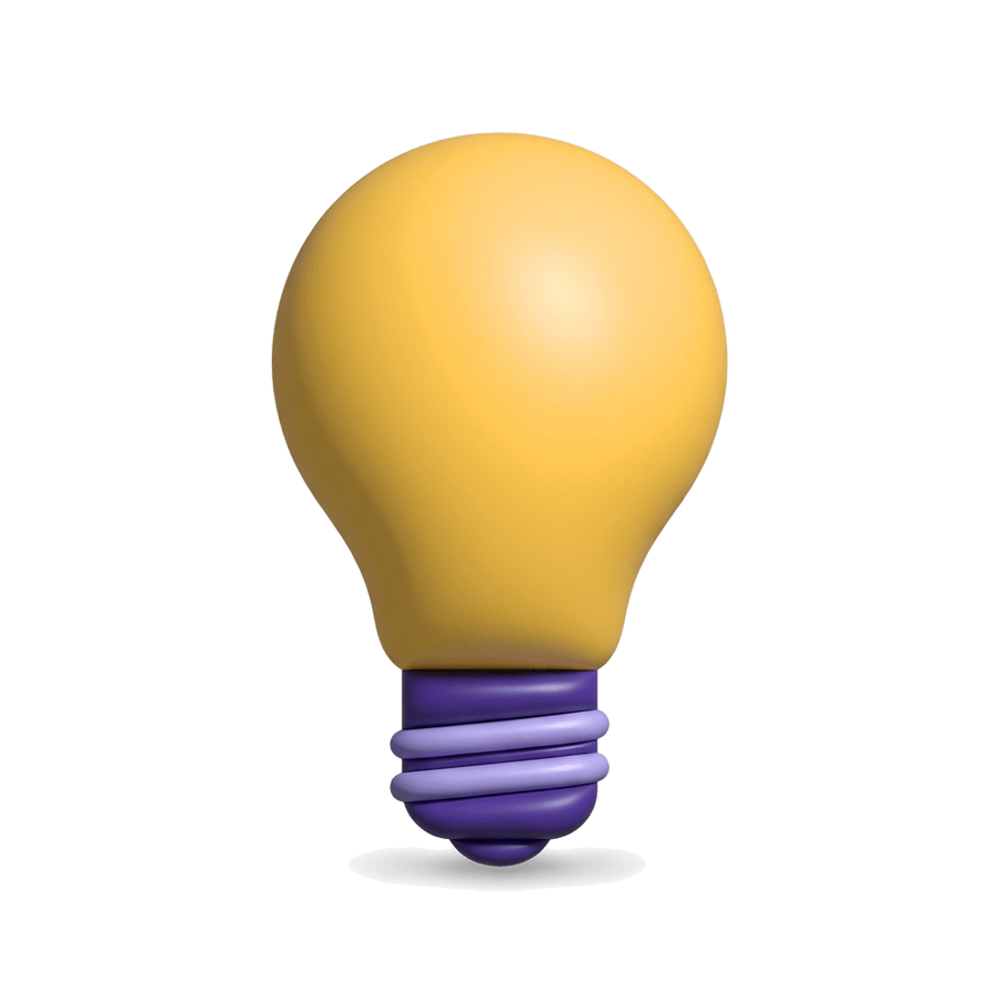 A yellow lightbulb on a purple base, soft 3D