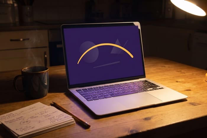 A laptop on a kitchen table at night showing a purple lesson whiteboard