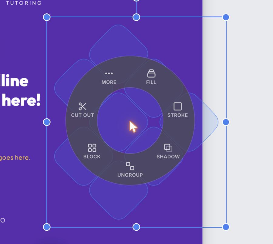 The radial menu open on a shape in Template Studio