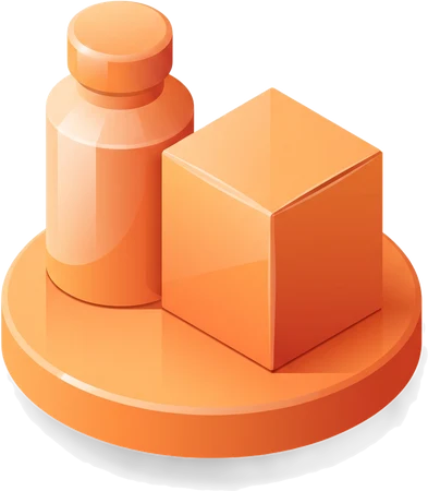 Real products: an unmarked bottle and a small box on a round plinth