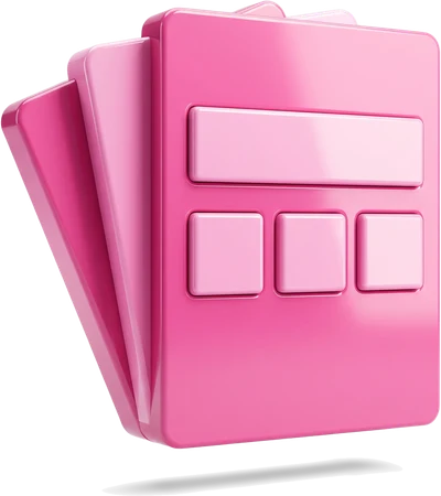 Templates: a layout card, a bar across the top and three blocks beneath, with two cards fanned behind it