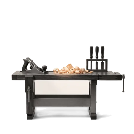 A joiner’s workbench seen from the front, a plane and chisels on it