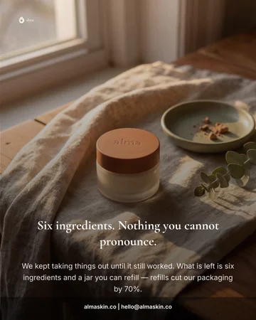 An Alma Skin post in the pain-point scene design, its jar on linen