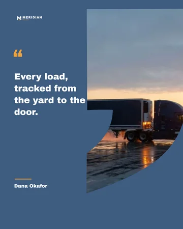 A Meridian Freight quote, cut out on a colour field over its yard at dawn