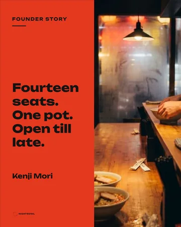 A Nightbowl founder post in the cut-out poster design, over its ramen counter