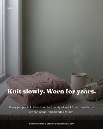 An Oda Knitwear post in the pain-point scene design, over a jumper on its table