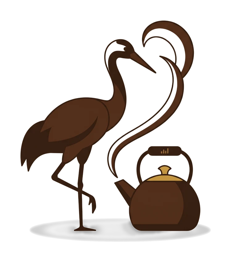 A crane standing on one leg beside a stovetop kettle, the kettle’s steam curling above it