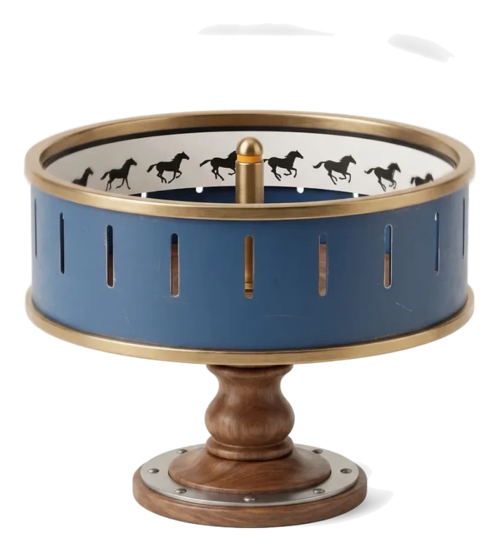A zoetrope seen straight on, galloping horses painted inside its drum, on a turned wooden stand