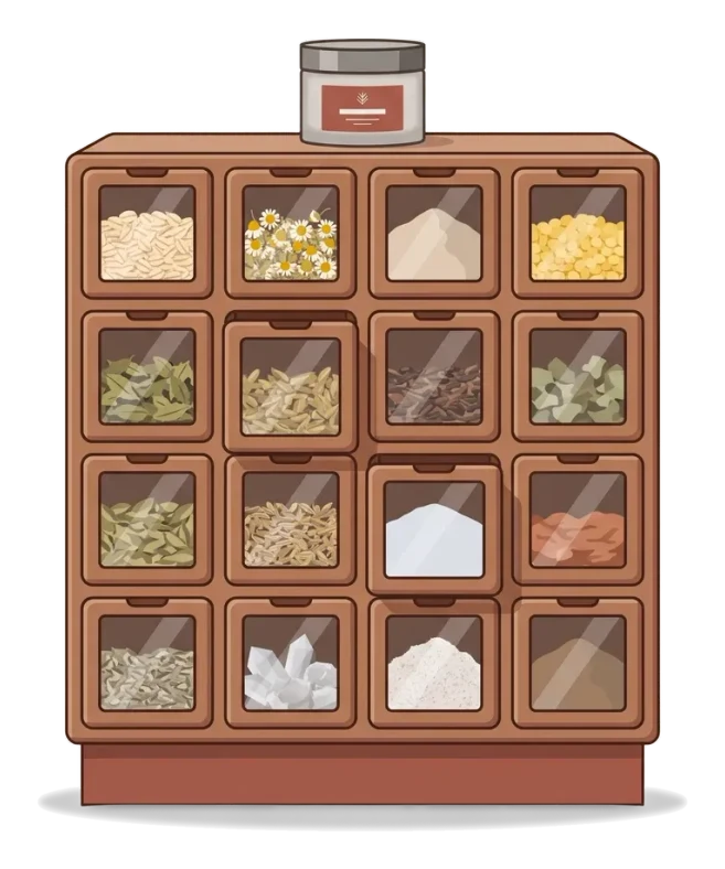 An apothecary cabinet seen straight on, each glass-fronted drawer holding a different ingredient