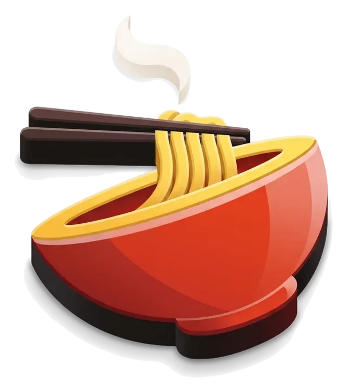 A red ramen bowl with chopsticks lifting noodles and a curl of steam, built from crisp glossy planes