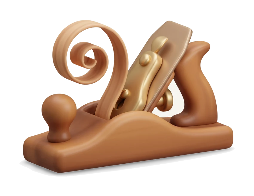 A wooden hand plane with a brass blade, a long curl of shaving spiralling out of it