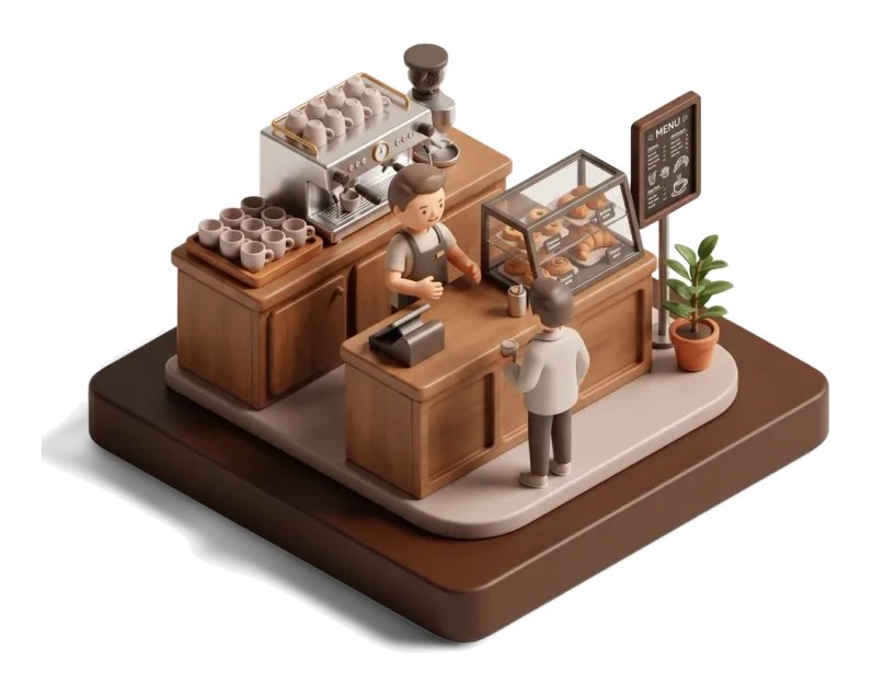 A coffee shop as a small realistic diorama: espresso machine, pastry case, a barista and a customer at the counter