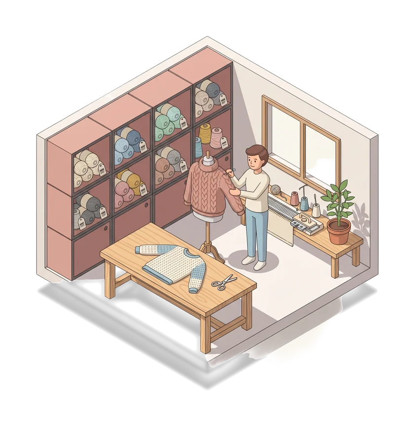 A small knitwear studio: shelves of yarn, a cutting table with a jumper laid out, and a designer pinning a sleeve on a dress form