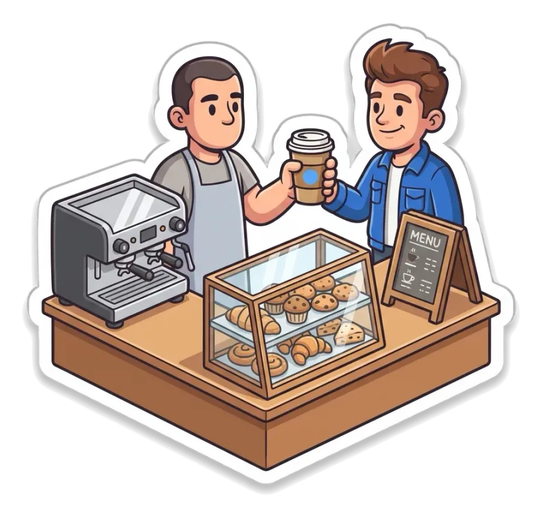 A barista handing a coffee across a café counter to a customer, as a sticker with a white border