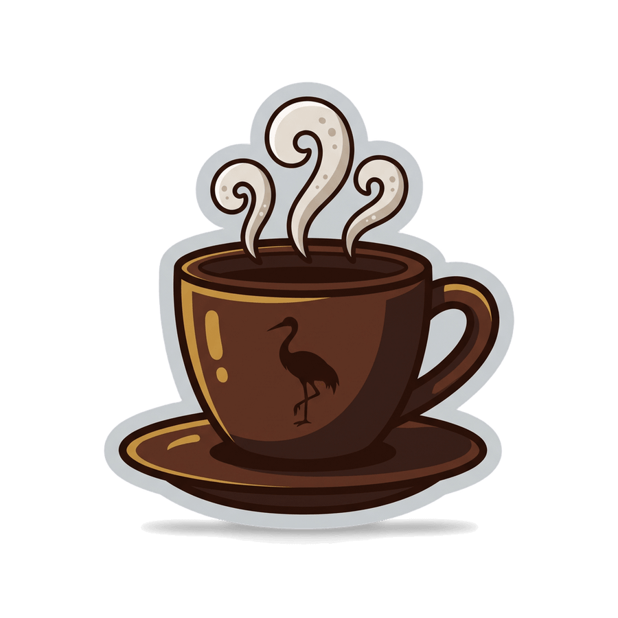 A steaming coffee cup with a crane on it, sticker style