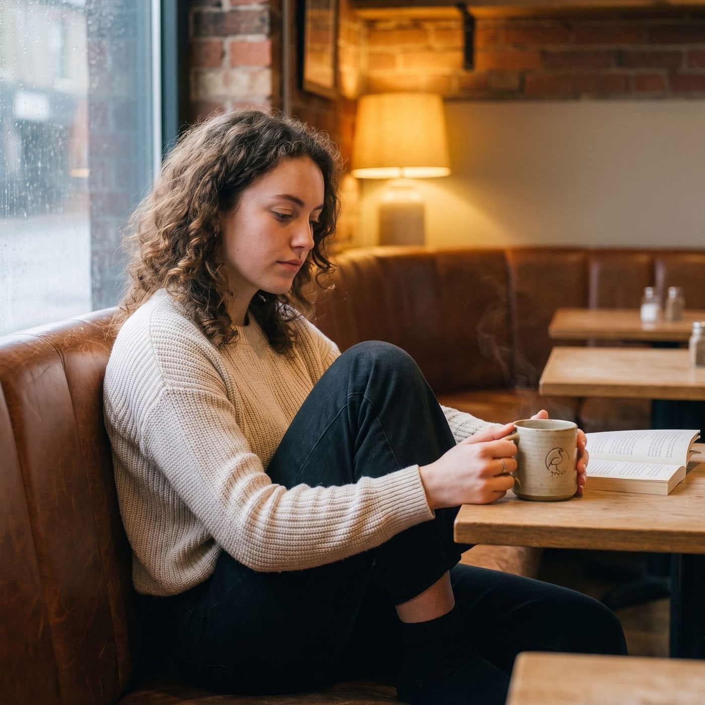 A reader curled into a cafe banquette on a rainy afternoon, holding the same stamped mug