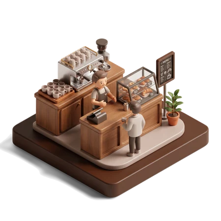 A coffee-shop counter with a barista, espresso machine and pastry case, drawn as a small realistic model