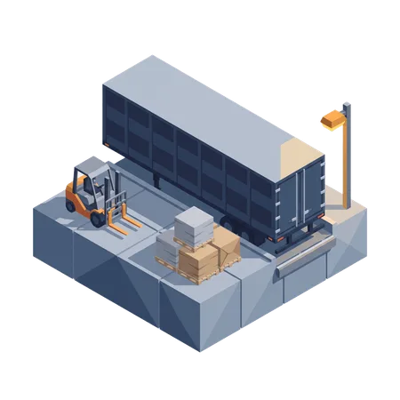 A loading dock bay with a trailer backed onto it, drawn in flat vector