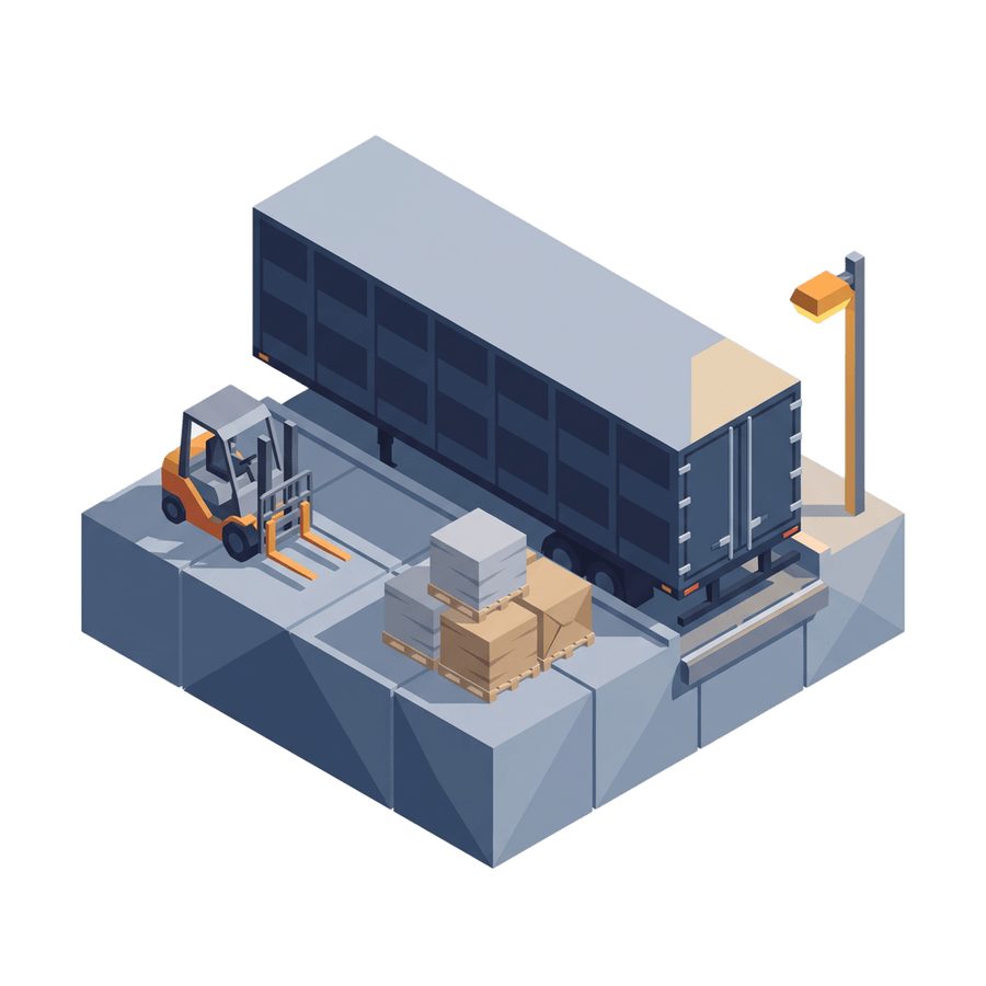 An isometric loading dock with a forklift and stacked pallets